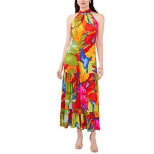 MSK Floral Halter Maxi Dress Multicolor Tropical Tiered Resortwear Size Large